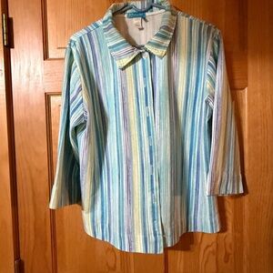 Fresh Produce Blue and Green Button Down Shirt with 3/4 Sleeves